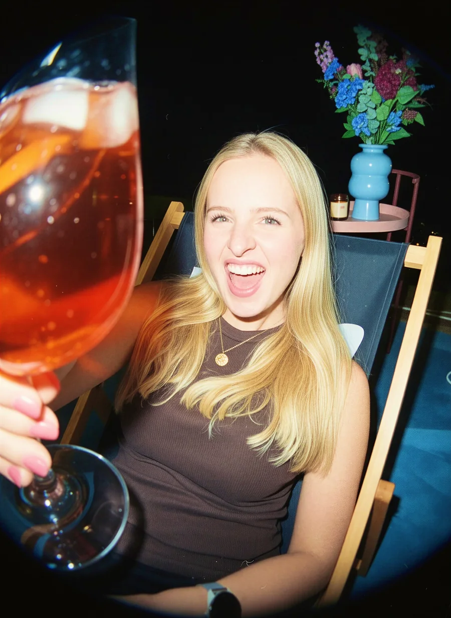 Lachende Person mit einem Aperitif in der Hand